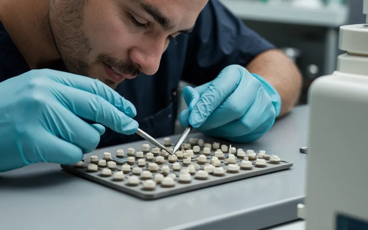 diş estetiği laboratuvar süreçleri A close-up view of a dental technician working with ceramic materials in a laboratory setting. The focus is on the precision tools and the delicate process of creating dental crowns without any text or labels.