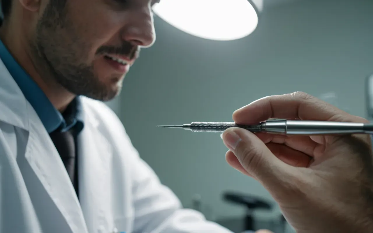 A close up view of a dentist's hands holding a small precision tool while working on a detailed dental model under bright focused clinical lighting.