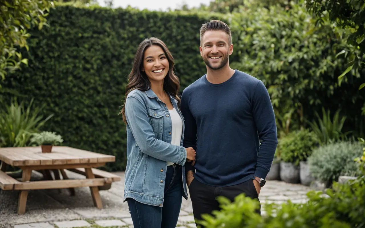 A couple smiling happily in a modern outdoor garden setting with soft natural lighting and no visible text or signs.