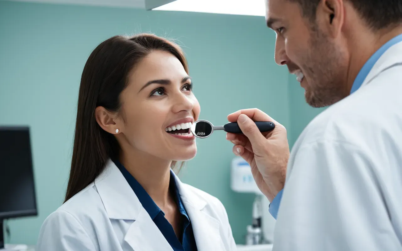 diş tedavisi istanbul A dentist in a white coat examining a patient's teeth with a handheld mirror under bright clinical lighting.