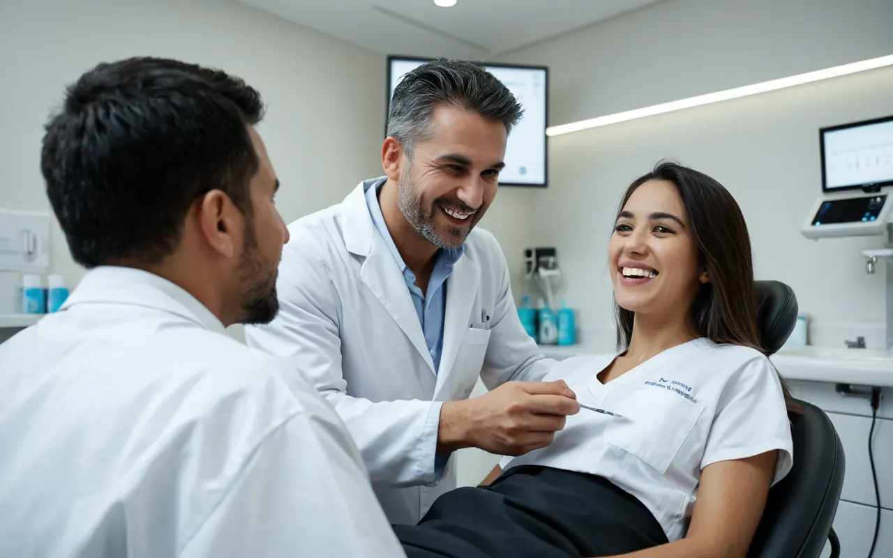 A dentist interacting with a patient in a modern dental clinic.