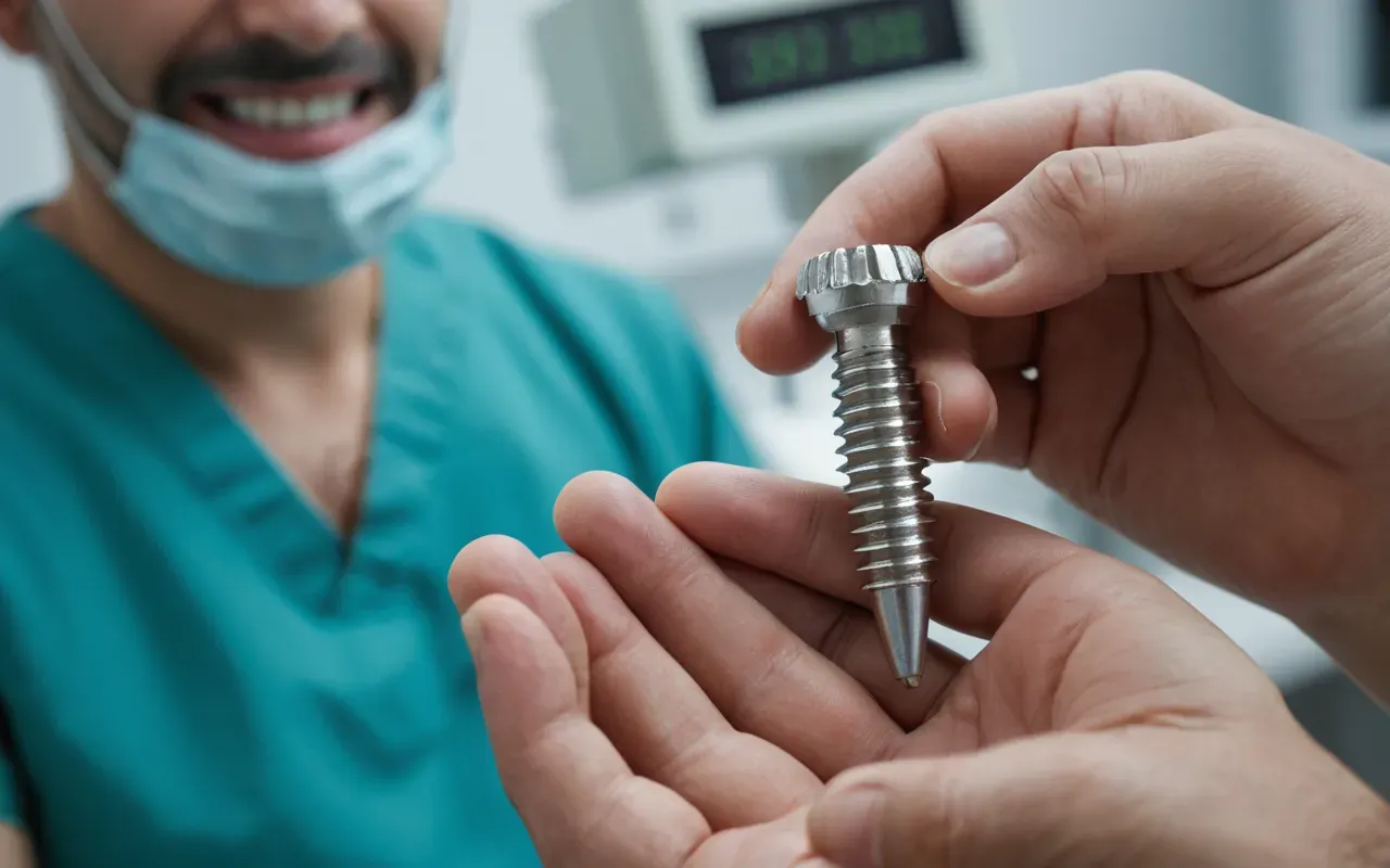 implant ve zirkonyum tedavileri A dentist's hands holding a dental implant screw and a zirconia crown. The background is soft-focus medical equipment.