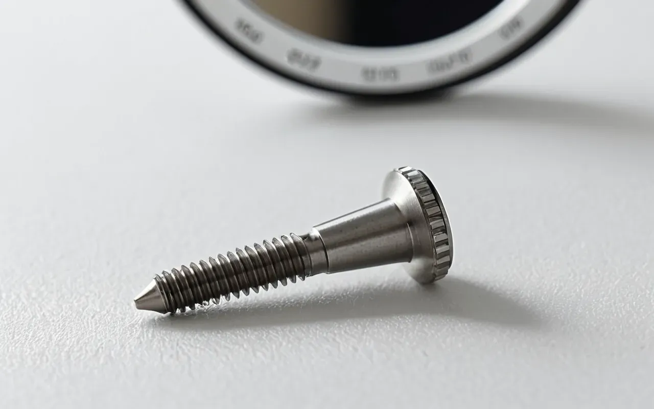 A detailed macro shot of a dental implant screw and a white ceramic crown resting on a clean white surface, with a dental mirror reflecting soft light, emphasizing precision and medical quality, no human faces or text.