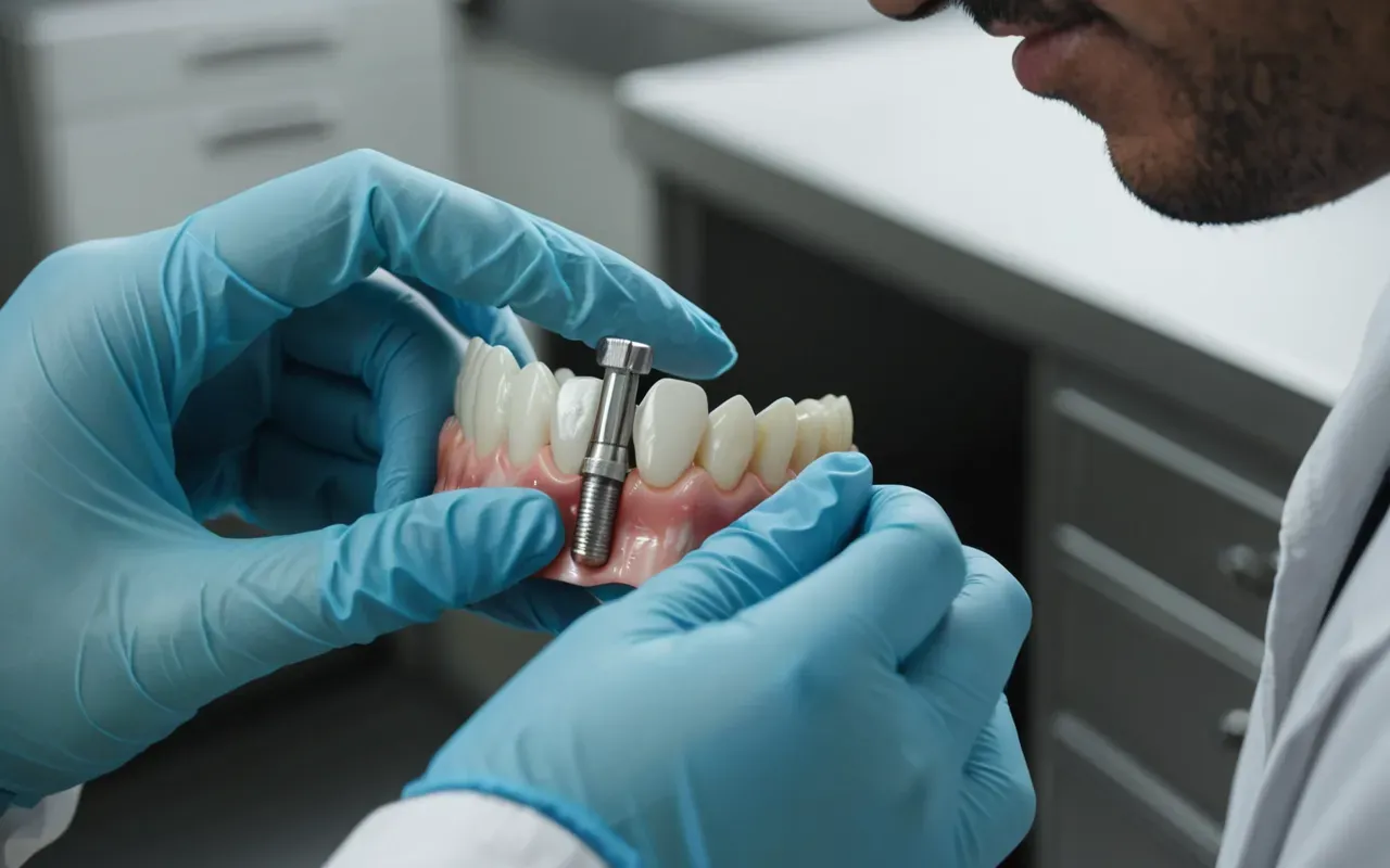 implant vidajı hassasiyeti A detailed shot of a dental professional's hands in sterile gloves carefully adjusting a small metallic component on an artificial tooth model. The background is softly blurred showing medical instruments and bright clinical lighting, emphasizing precision and care.