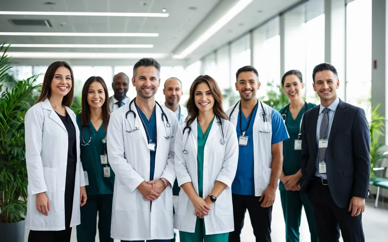 sağlık çalışanları ve hasta A group of smiling doctors and patients standing together in a bright modern hospital lobby with soft natural light and green plants.