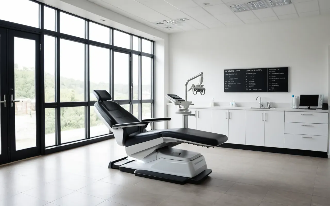 modern diş kliniği A modern dental chair in a bright room with large windows showing natural daylight and clean white walls.