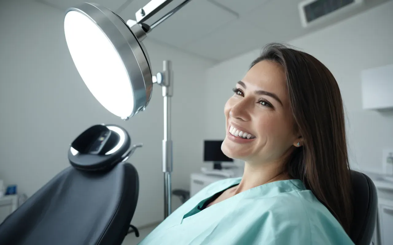 diş estetiği prosedürü A modern dental clinic interior with a dentist examining a patient's smile using a handheld mirror and bright overhead surgical lights. The scene is clean, professional, and focuses on the interaction between healthcare provider and patient without any visible text or signage.