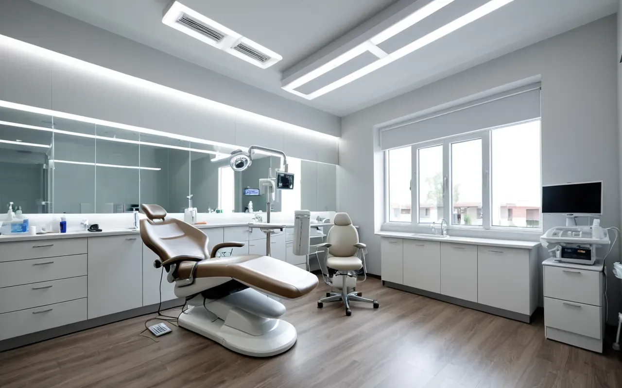 implant tedavisi fiyatları A modern dental clinic interior with a patient in the chair and a dentist working under bright lights. The room is clean, white, and professional.