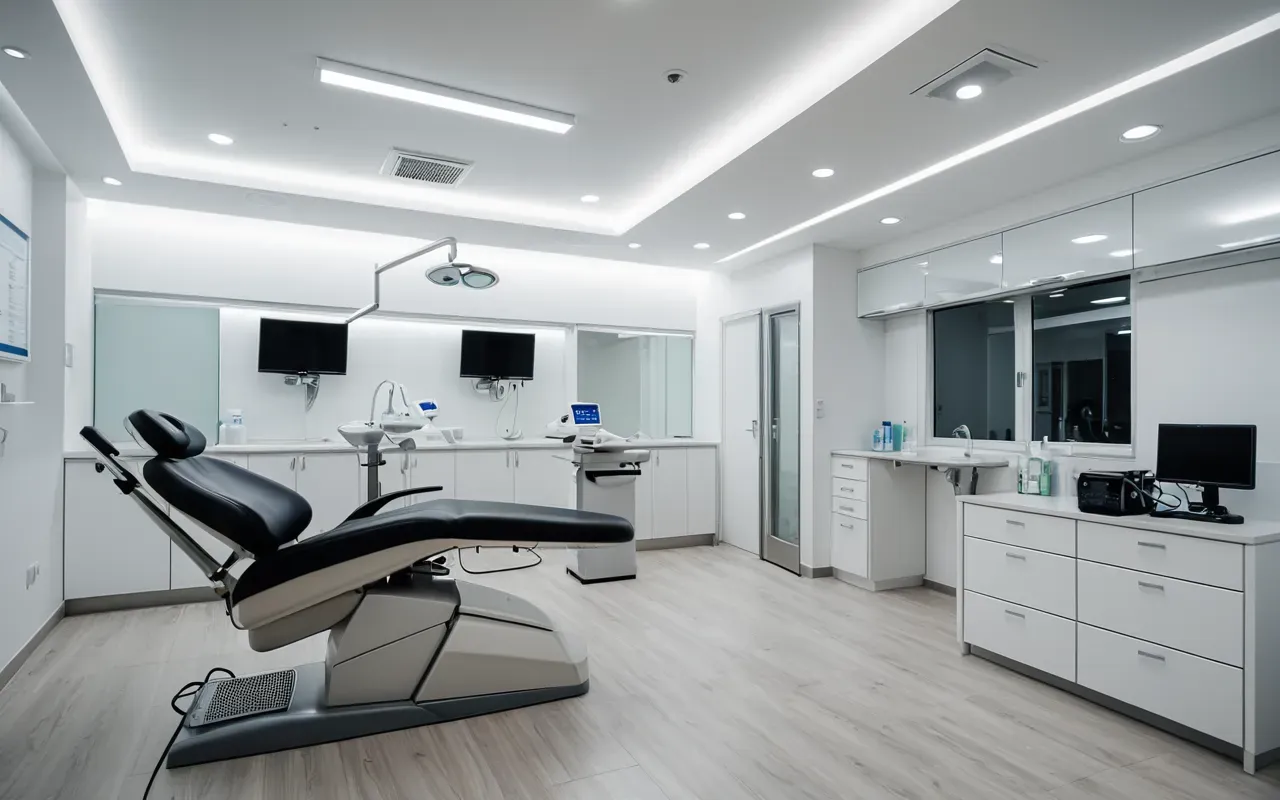A modern dental clinic interior with bright lighting and clean design.