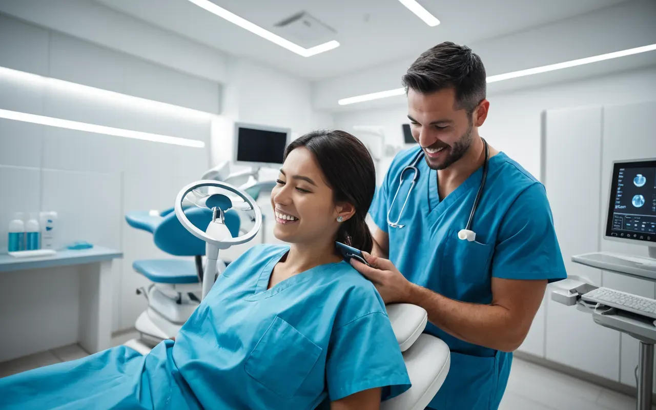 A modern dental clinic interior with bright white lighting showing a digital scanner and a dentist in blue scrubs working on a patient's teeth. The room is clean and futuristic with no visible text or signage.