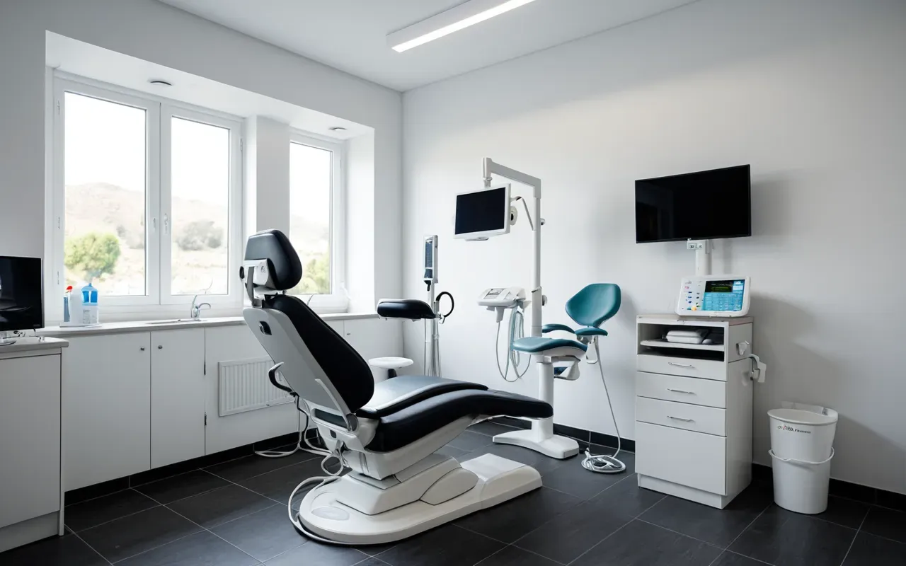modern diş kliniği A modern dental clinic interior with clean white walls and professional lighting. A dentist is working on a patient's teeth using high-tech equipment.