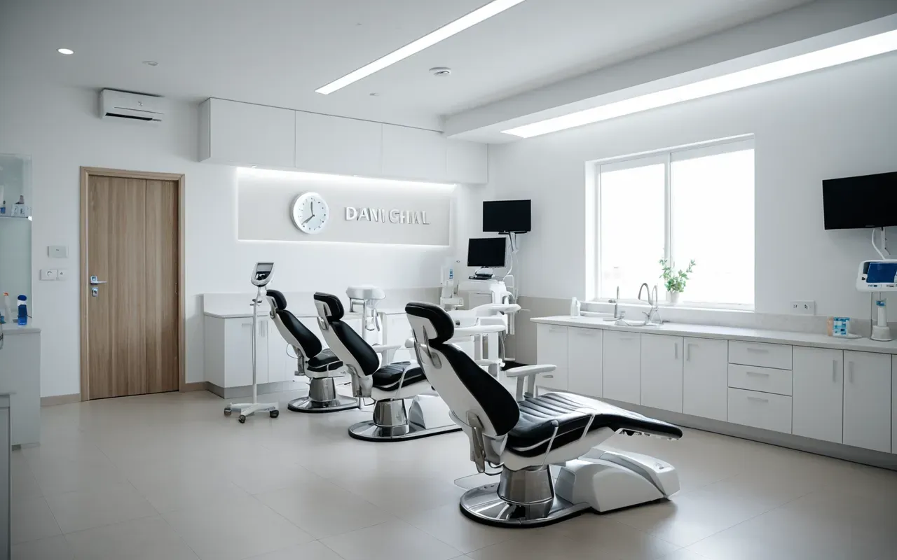 modern diş kliniği iç mekanı A modern dental clinic interior with eight white treatment chairs arranged in a clean row under bright LED lighting and minimal decor.