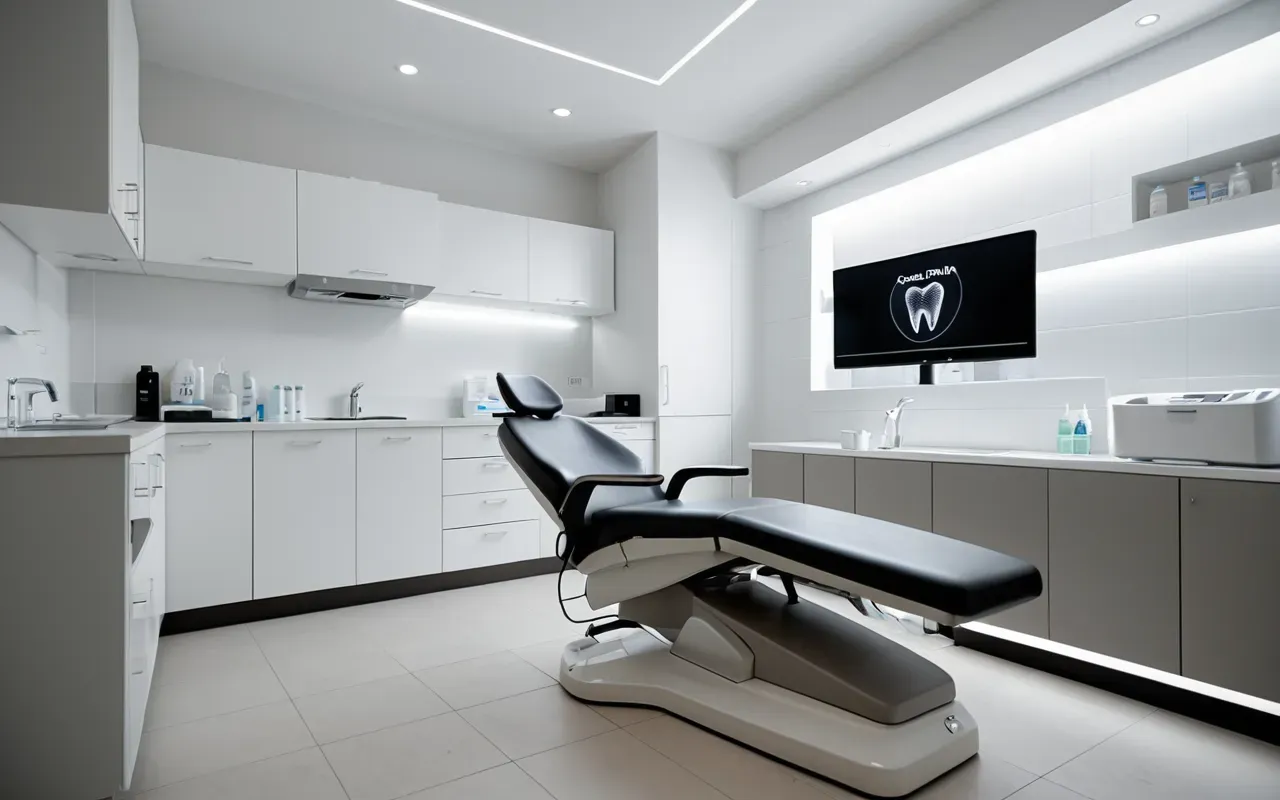 A modern dental clinic interior with soft ambient lighting and a clean white aesthetic where a dentist is showing a detailed digital model of teeth to a patient in a comfortable consultation room.