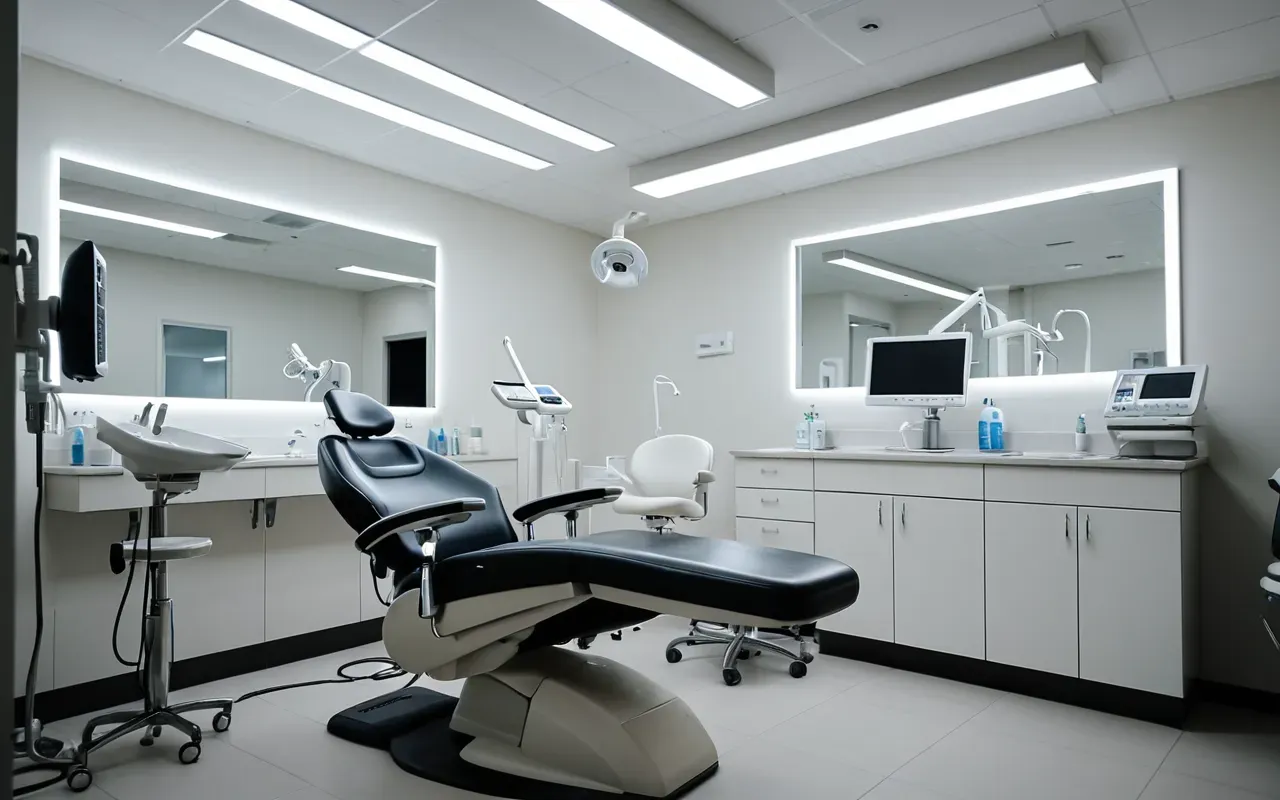 A modern dental clinic room with a dentist chair and bright overhead lights showing professional equipment without any visible text or logos.