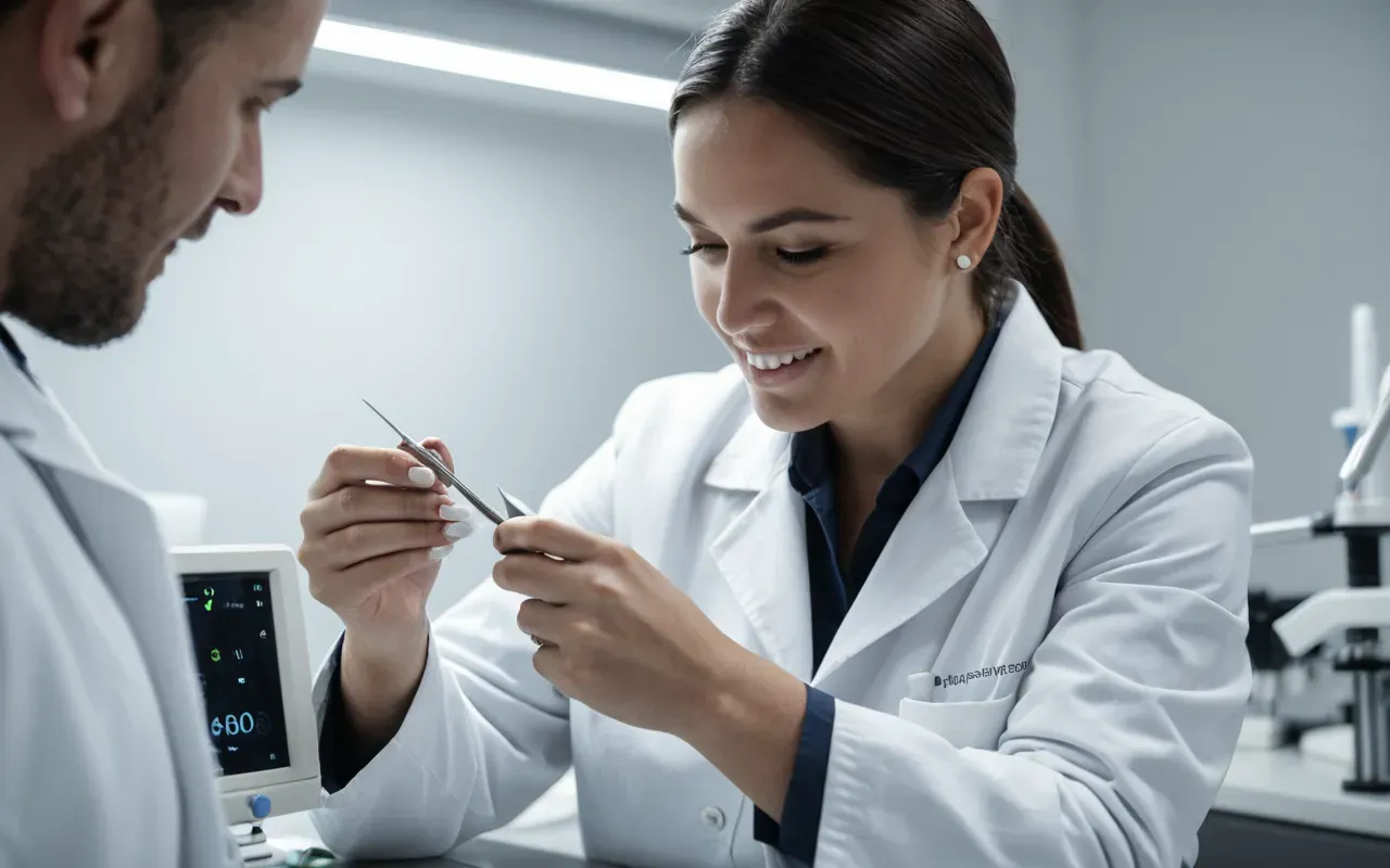 zirkonyum laboratuvarı A modern dental laboratory technician in a white coat using precision tools to shape a zirconia crown under bright clinical lighting with clean sterile equipment visible on the workbench surface.