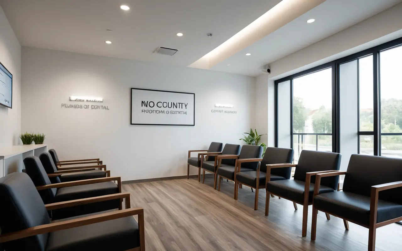 diş kliniği ortamı A modern dental office waiting area with comfortable chairs and soft ambient lighting. The space is minimalist and clean, reflecting a high standard of care without any visible branding or text elements.