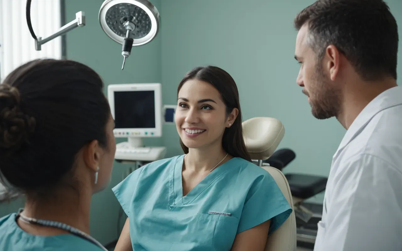 hasta̦ tedavi̇ süreci̇ A patient sitting in a dental chair with a calm expression. A dentist is explaining the treatment process using a mirror and probe.