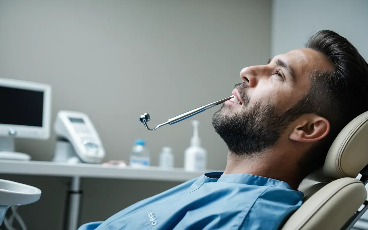 A patient sitting in a modern dental chair, viewed from the side, with a calm and relaxed expression, a dentist's hand gently holding a dental instrument, bright and clean clinical environment, natural lighting, no text or visible branding.