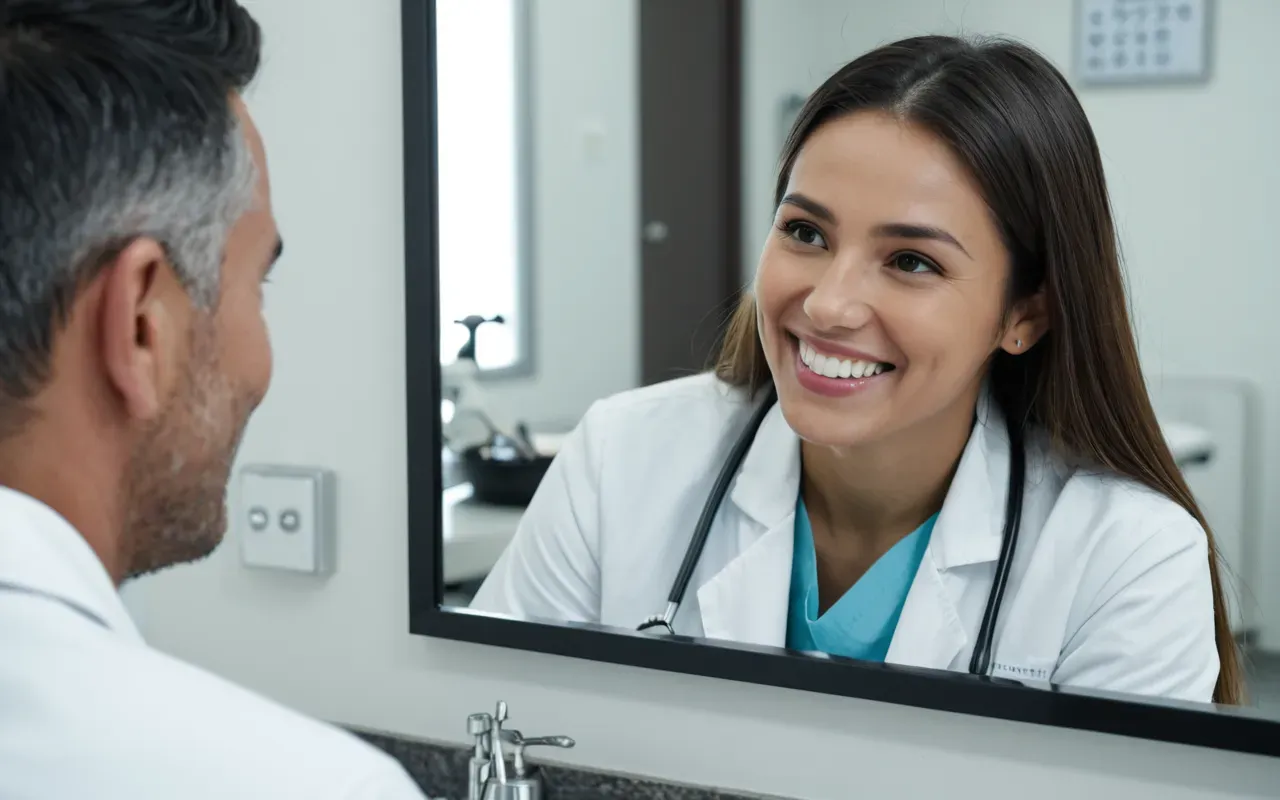 A patient smiling in a mirror while a dentist points at the reflection. The scene is bright and clean with modern dental equipment visible in the background but no text or signs are present.