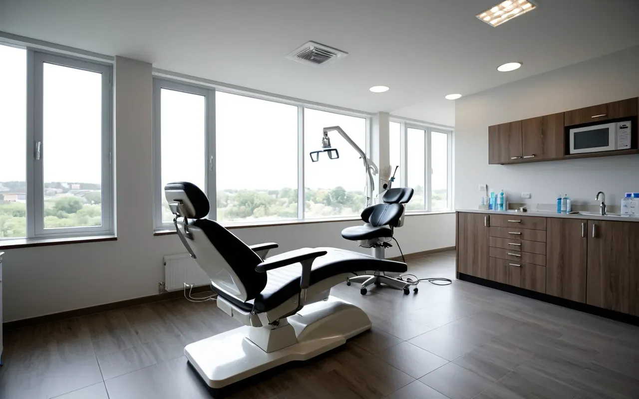 modern diş kliniği iç mekanı A wide angle view of a modern dental clinic interior with large windows letting in natural light. A dentist and patient are seated at an ergonomic chair, engaged in consultation using a digital tablet screen displaying simple graphical data about treatment progress.