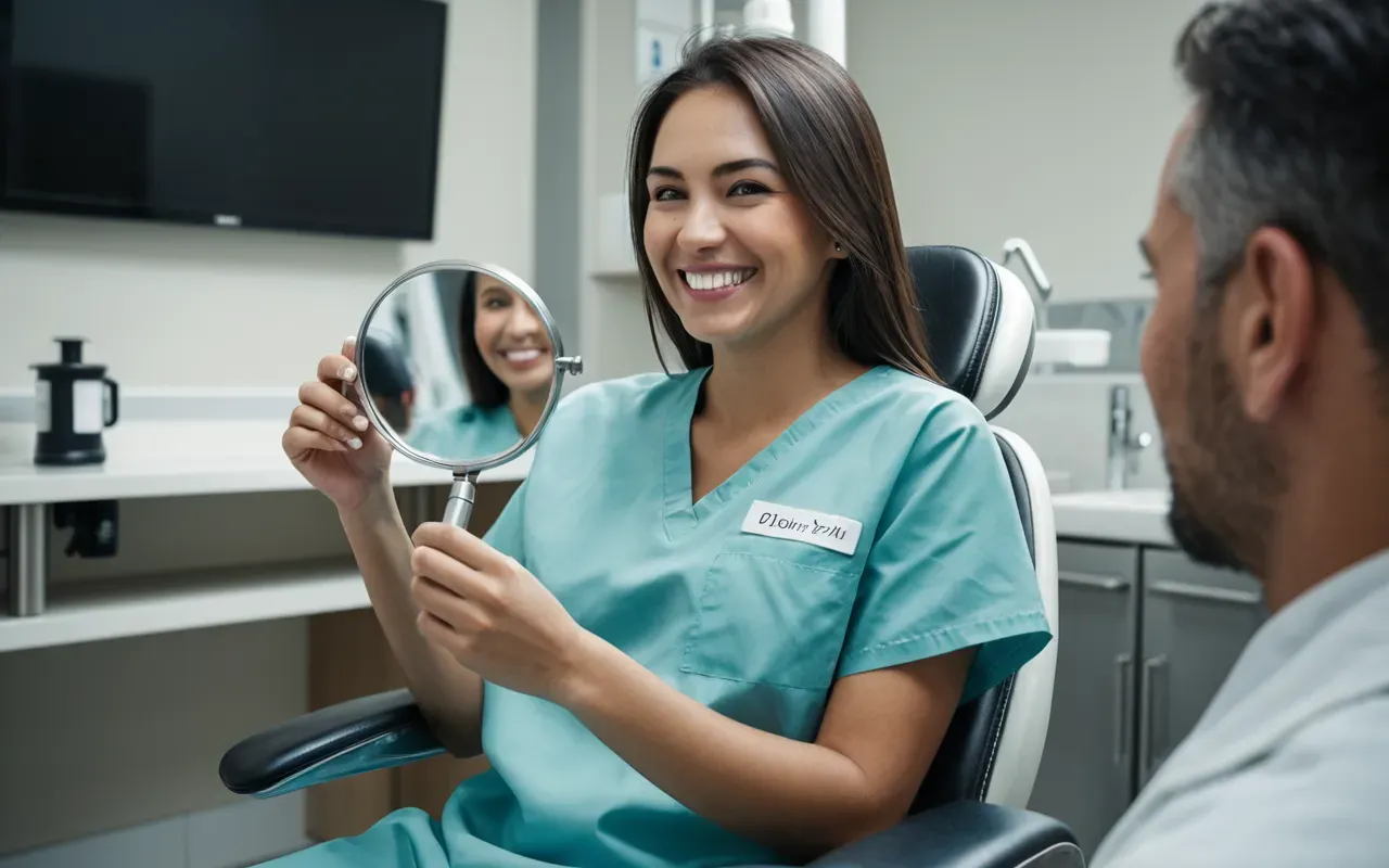 diş tedavisi hastası A woman sitting in a modern dental chair, smiling slightly, with a dentist's hands in the background holding a mirror, soft lighting