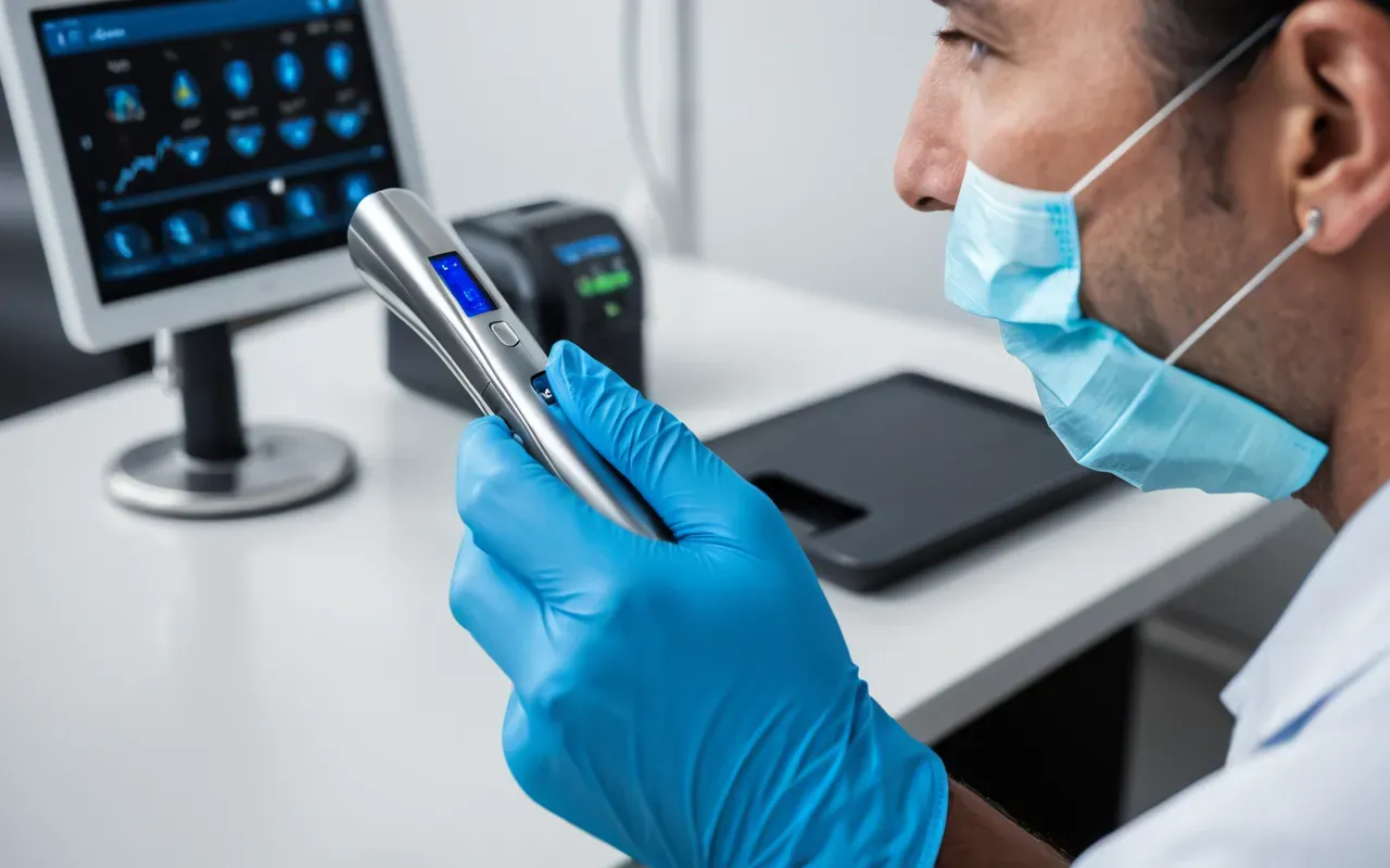 dijital diş tarayıcı teknolojisi Close-up of a dental professional wearing blue nitrile gloves holding a modern digital intraoral scanner with a sleek metallic finish and ergonomic grip against a blurred clean white clinical background.