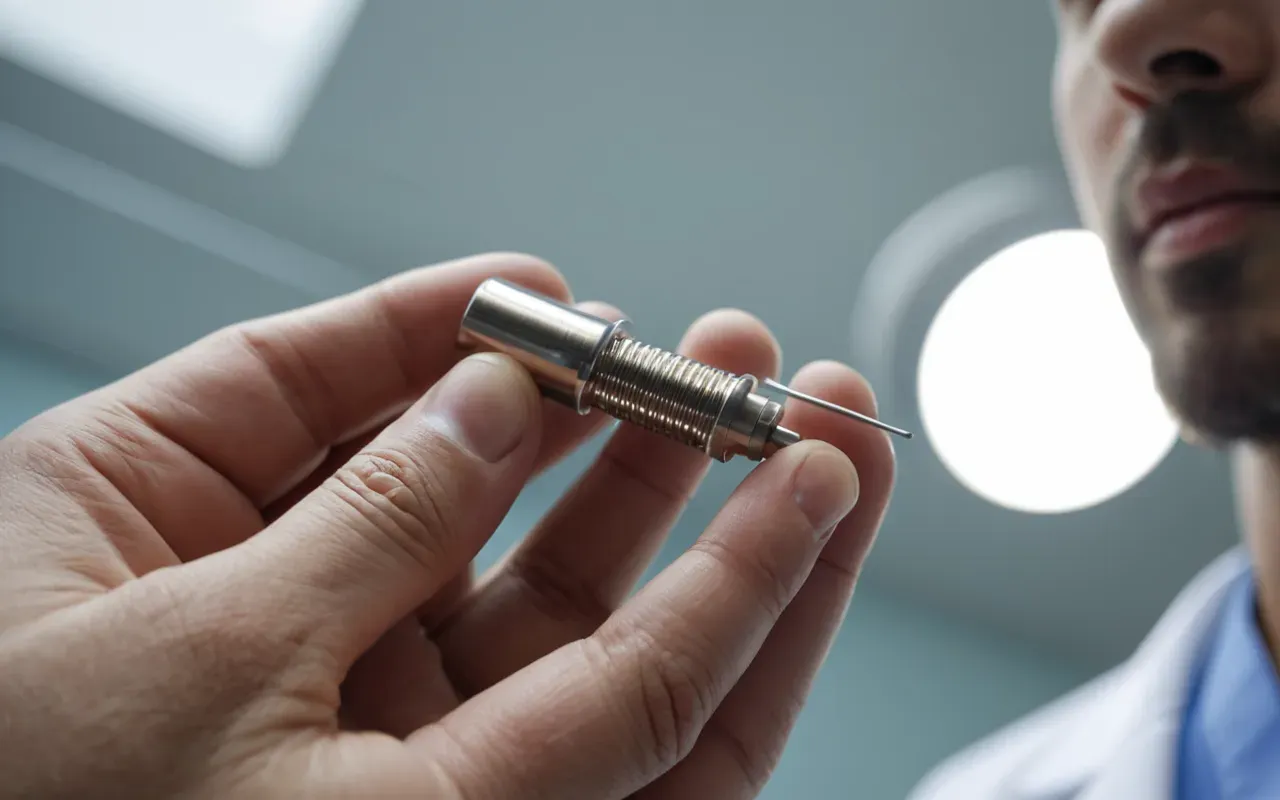 Close-up of a dental professional's hands holding a small metallic implant component in bright clinical lighting with shallow depth of field and clean background