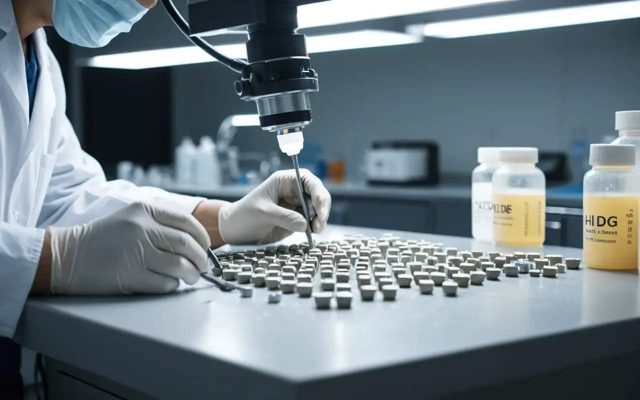 Close up of a dental technician working with ceramic materials in a clean laboratory setting under bright LED lighting, shallow depth of field