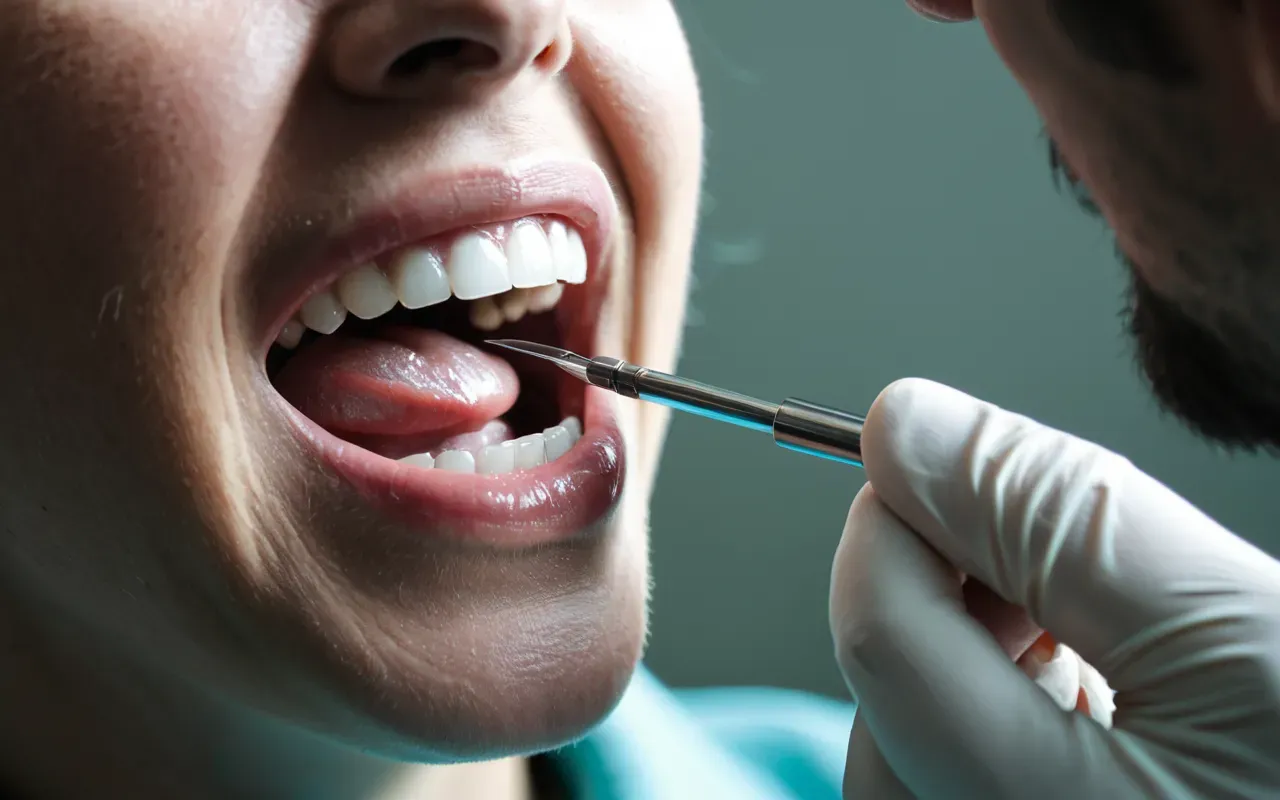 dental procedure details Close up of a dentist hands holding a small dental instrument and looking at a patient mouth with bright clinical lighting, professional medical photography