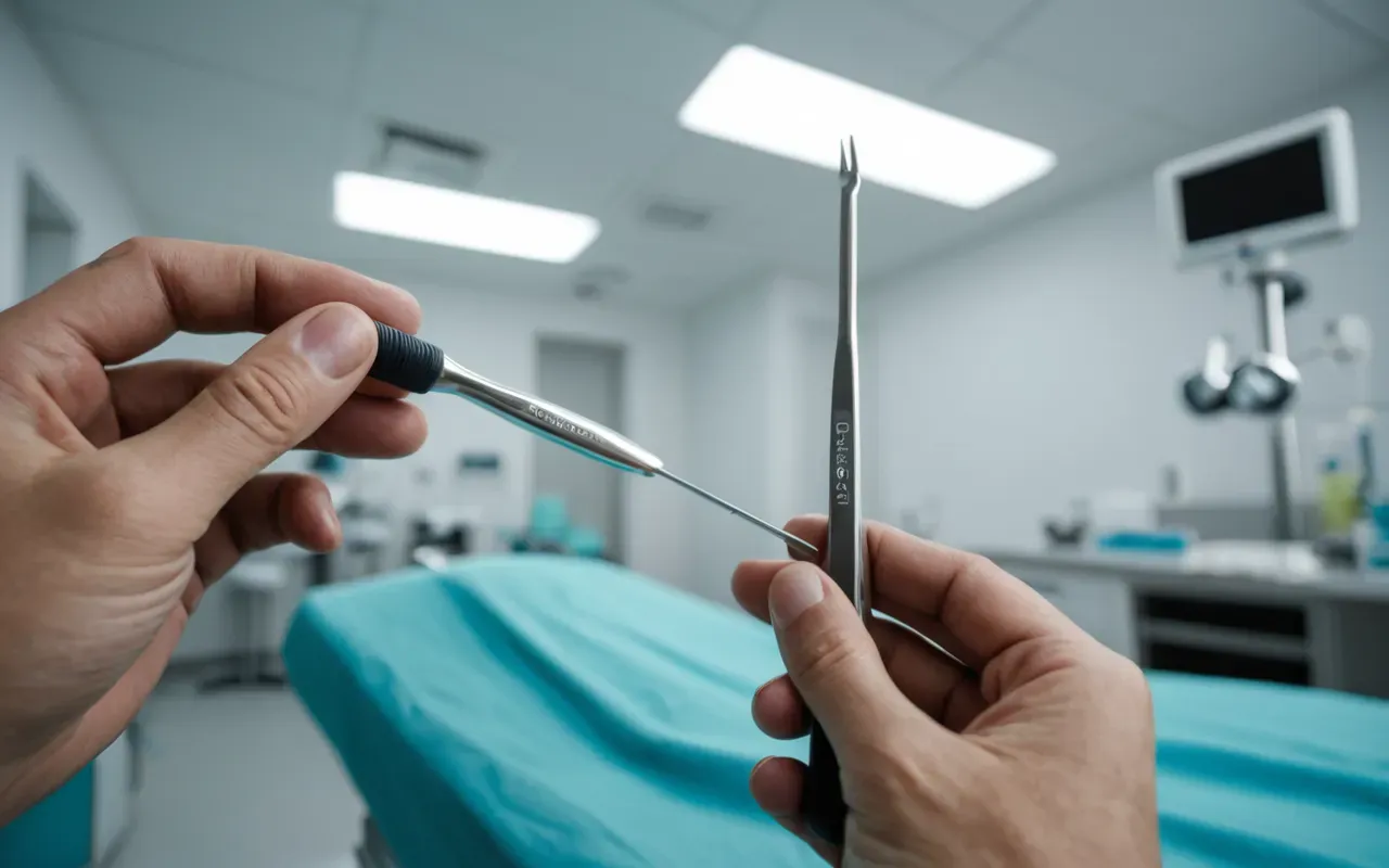 diş hekimliği Close-up of a dentist's hands holding a modern dental tool, standing in a brightly lit clinical room with a blurred background