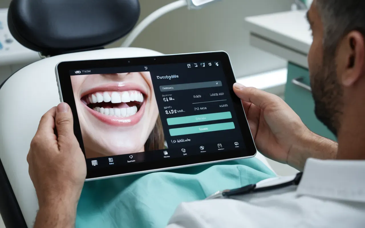 Close up of a dentist's hands holding a digital tablet showing a virtual smile design next to a patient sitting in a dental chair. The lighting is soft and professional with no text visible on the screen or surroundings.
