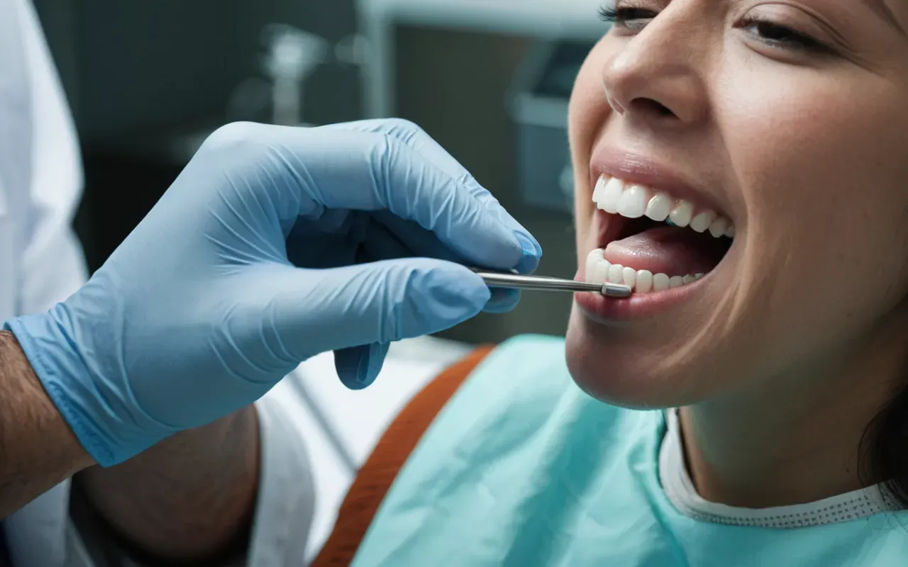 diş estetiği muayenesi Close-up of a dentist's hands holding dental instruments and examining a patient's teeth in a sterile environment. The lighting is clinical and bright, emphasizing precision and hygiene without showing any faces or background details.