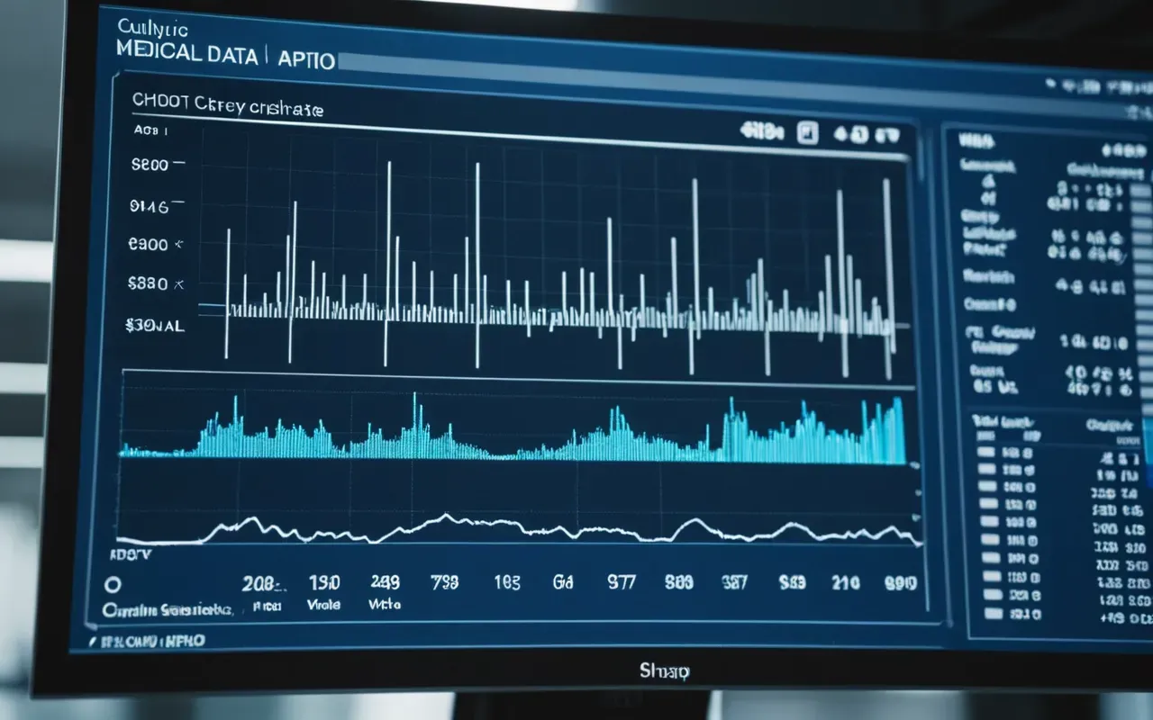 Close-up of a modern computer screen displaying abstract medical data visualization in soft blue and white tones.