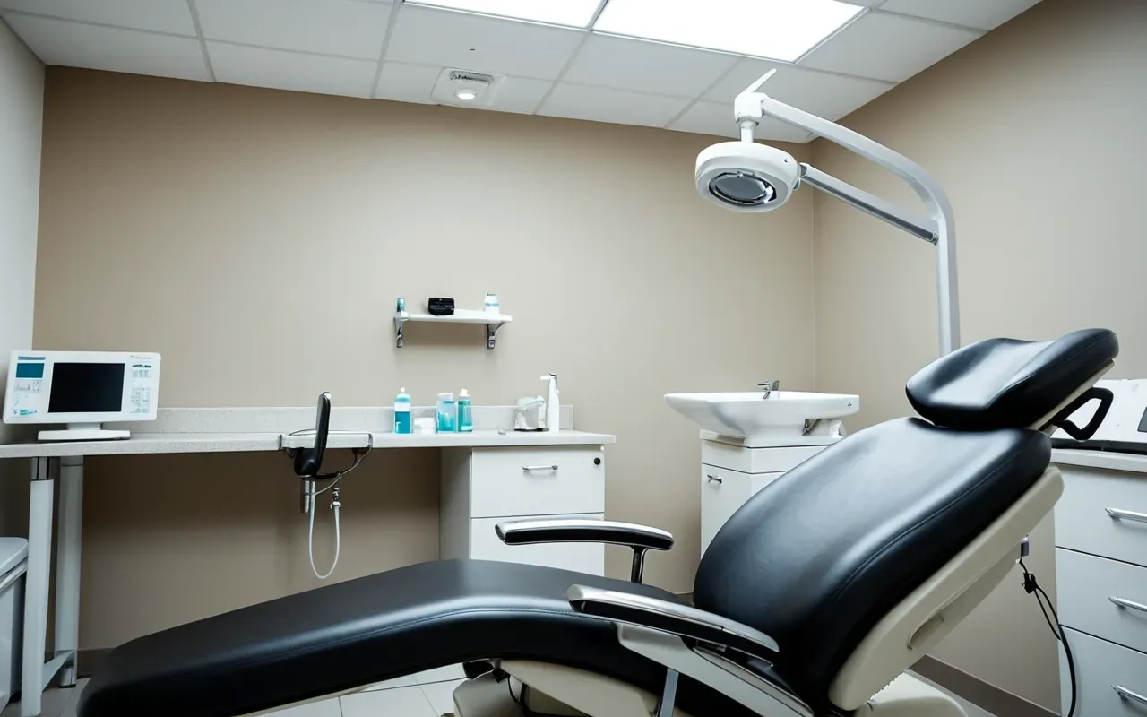 Close-up of a modern dental chair in a clean clinic room with soft overhead lighting and neutral color palette, professional editorial photography