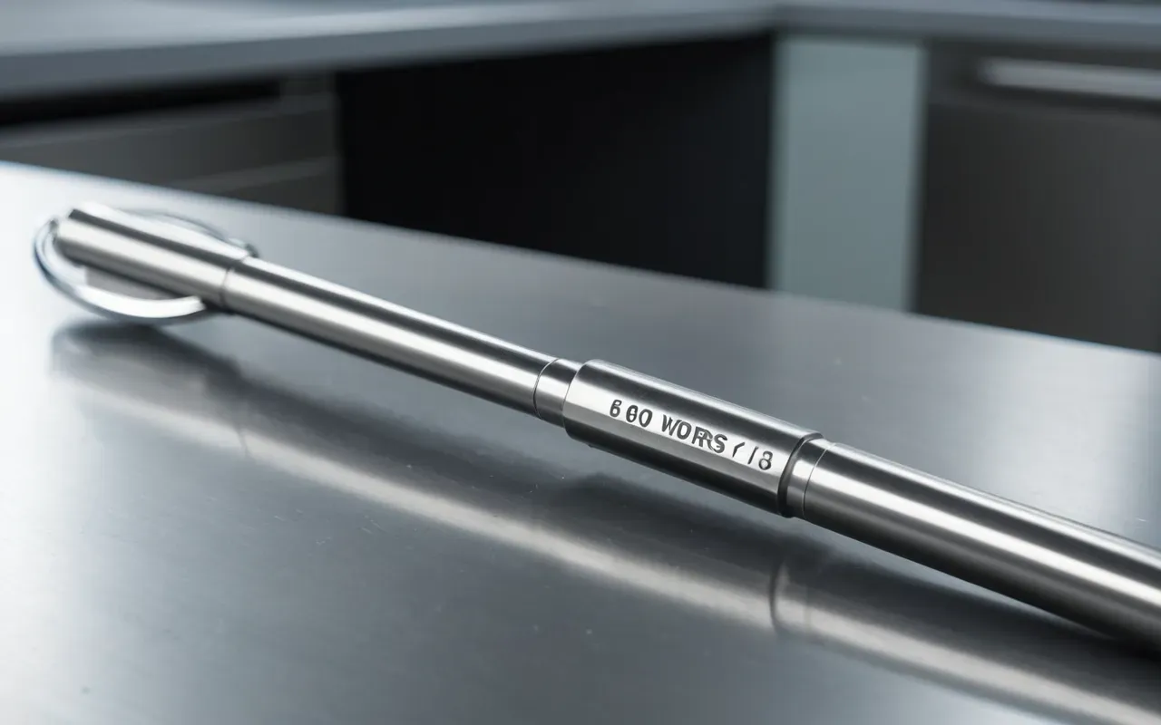 Close-up of a modern dental handpiece tool on a clean stainless steel surface with soft clinical lighting.