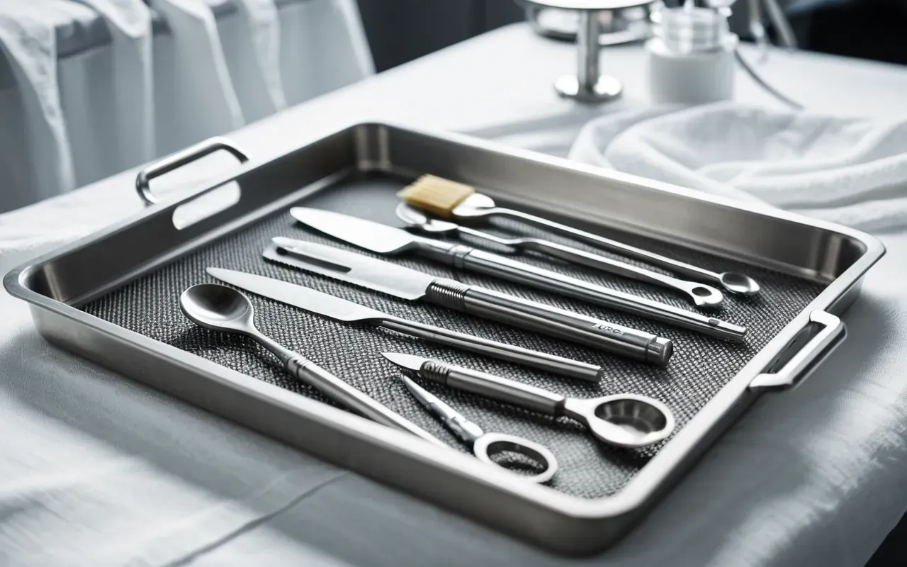 temel diş tedavileri başakşehir Close-up of a professional dental instrument tray with stainless steel tools arranged neatly on white gauze, bright clinical lighting, shallow depth of field, clean and sterile environment