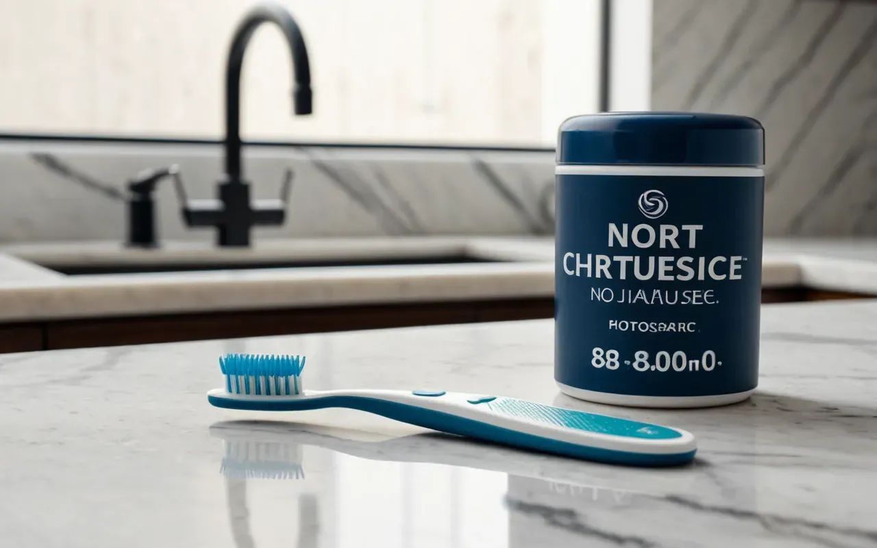 Editorial still life of a modern toothbrush and dental floss on a marble surface with soft diffused natural light.