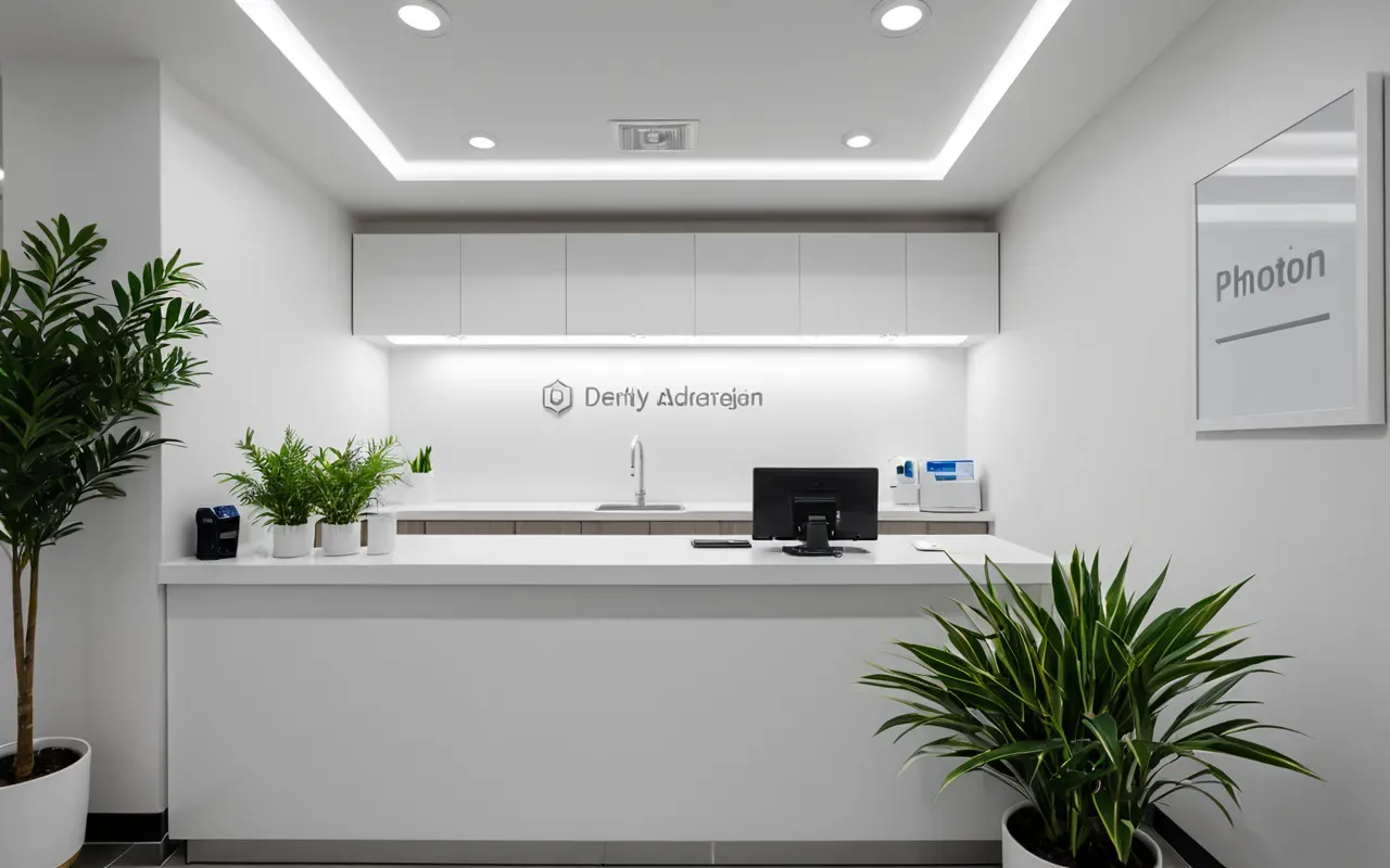 diş klinikleri Interior of a modern dental clinic reception area with a sleek white counter, soft ambient lighting, and a potted green plant, editorial photography