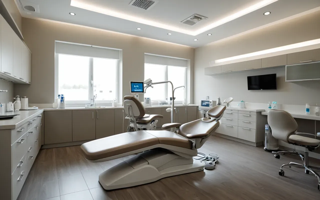 Interior of a modern dental treatment room with high-end equipment and ergonomic chairs under soft diffused lighting with neutral color palette and clean composition