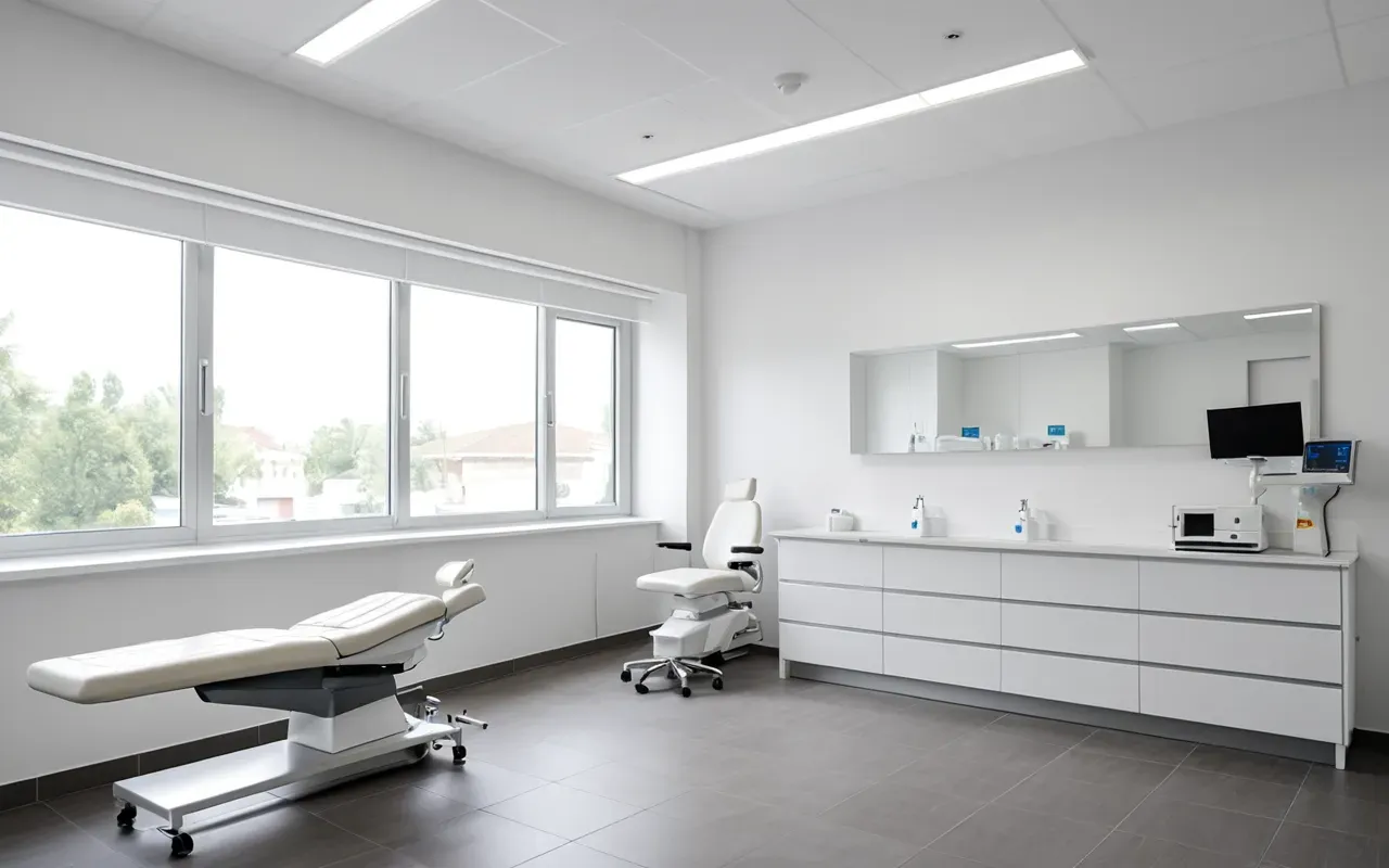 Interior of a modern minimalist dental clinic with clean white surfaces and soft natural daylight from large windows.