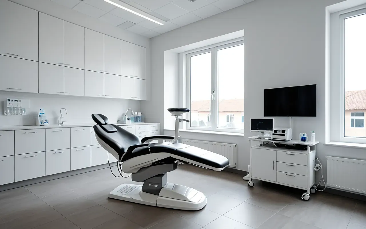 başakşehir diş kliniği altyapısı Modern dental clinic interior with a clean white examination room, high-tech equipment on the walls, soft natural lighting from large windows, minimalistic design elements in neutral tones and polished concrete floors