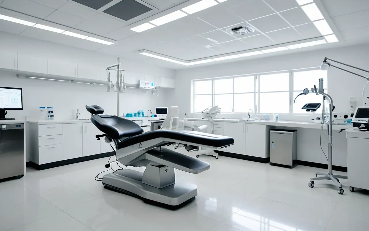 Modern dental simulation laboratory with high-tech phantom mannequins and bright clinical lighting showing advanced educational equipment in a pristine white room.