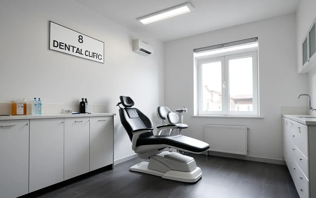 modern diş kliniği iç mekanı Modern minimalist dental clinic interior with clean white walls and a single ergonomic patient chair in the center, soft natural daylight streaming through large floor-to-ceiling windows creating a calm sterile atmosphere.