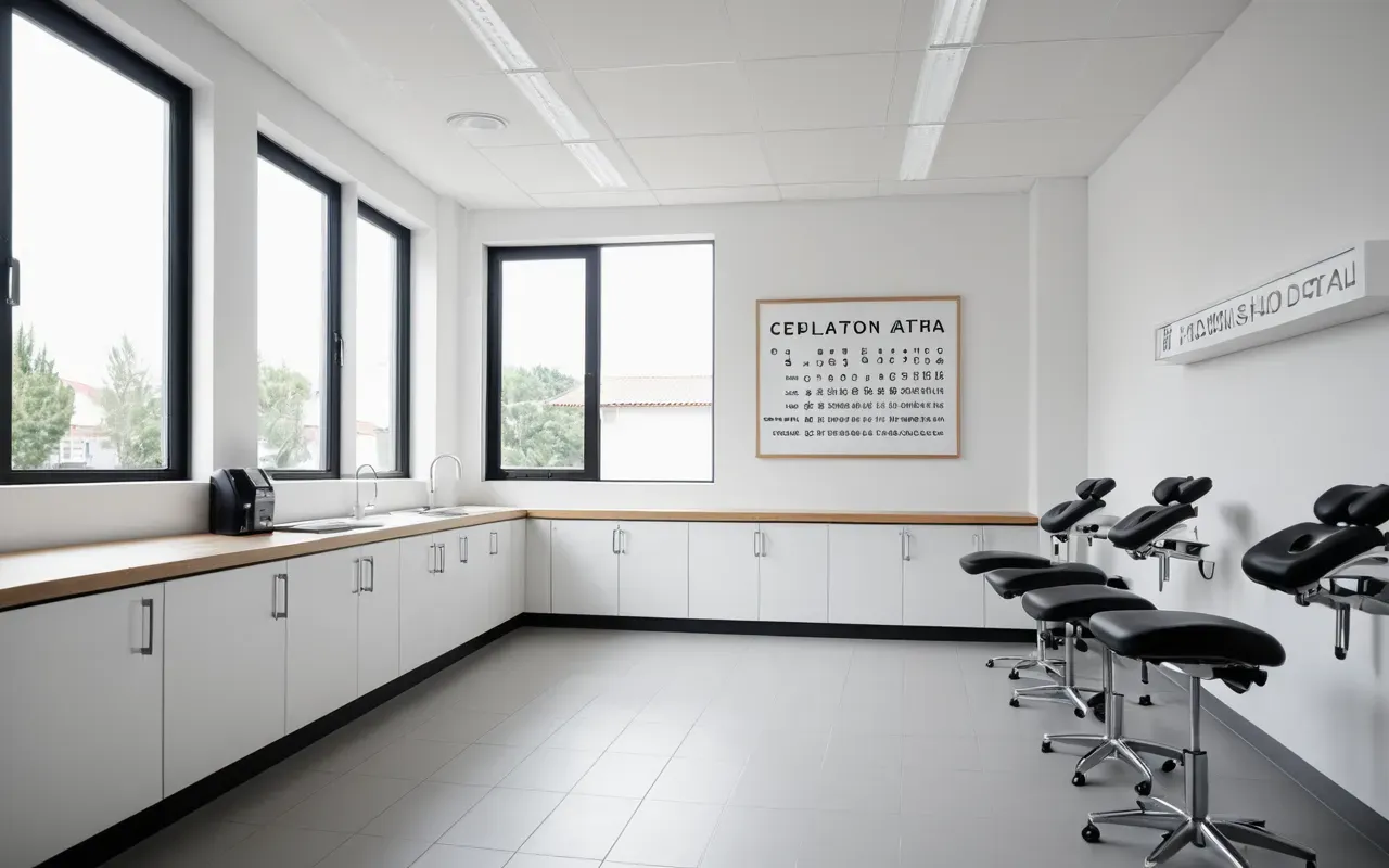 Modern minimalist dental clinic interior with clean white walls and soft natural daylight from large windows, editorial photography style