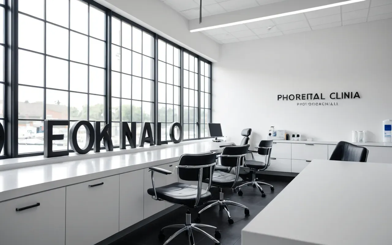 Modern minimalist dental clinic interior with clean white surfaces and soft natural light streaming through large windows, editorial photography style