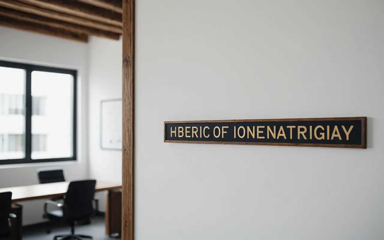 Modern minimalist office interior with clean white walls and natural wood accents bathed in soft daylight.