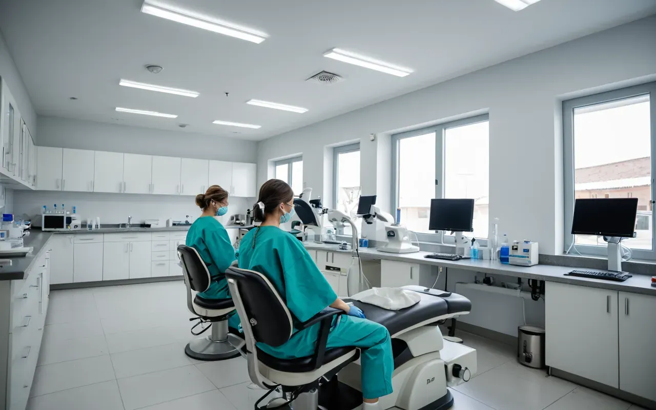 dental laboratory process Wide angle of a modern dental laboratory with technicians working on ceramic crowns and digital scanning equipment in the background, bright clean lighting
