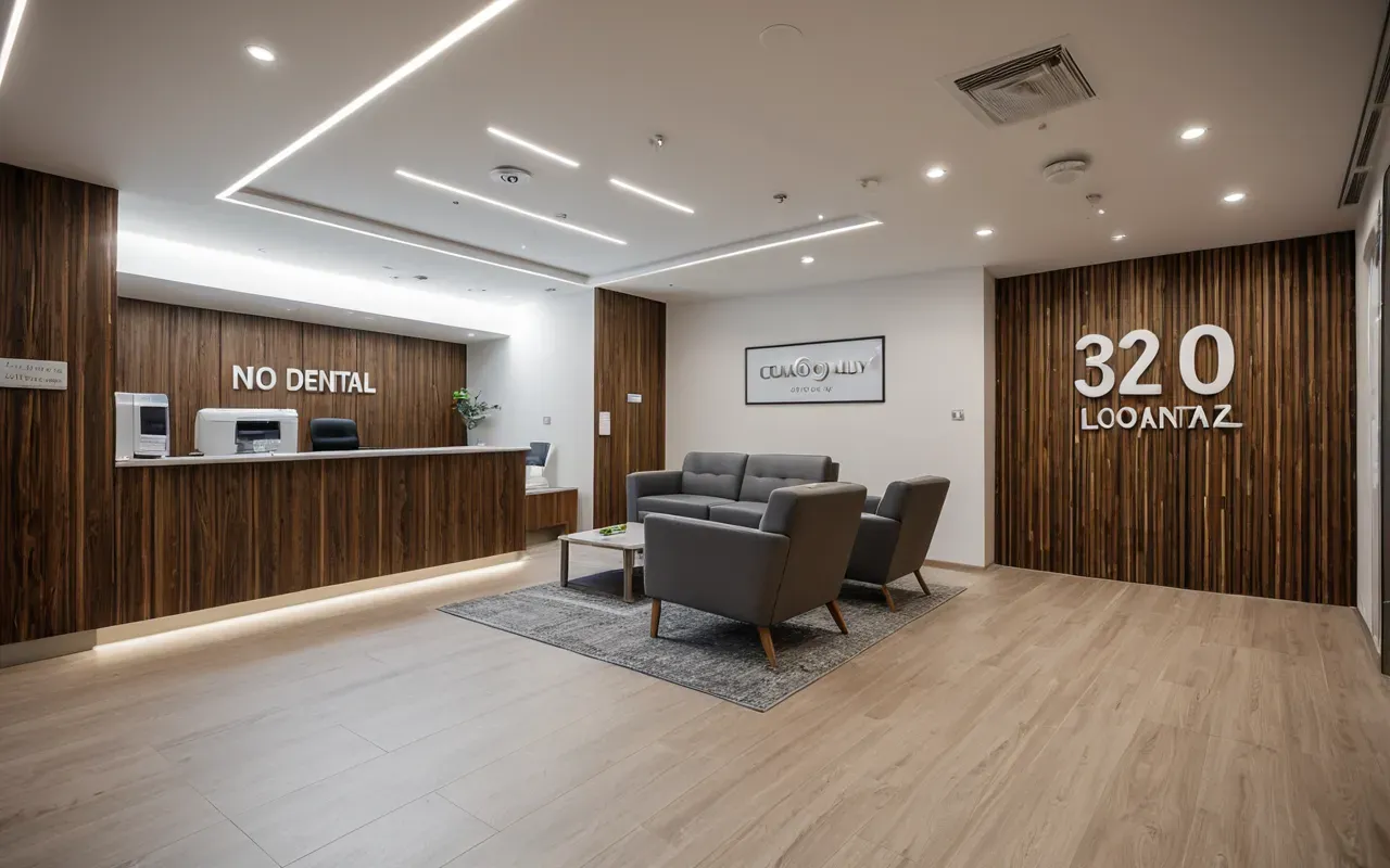 Wide angle shot of a modern dental clinic reception area with comfortable seating and warm ambient lighting, professional interior design photography