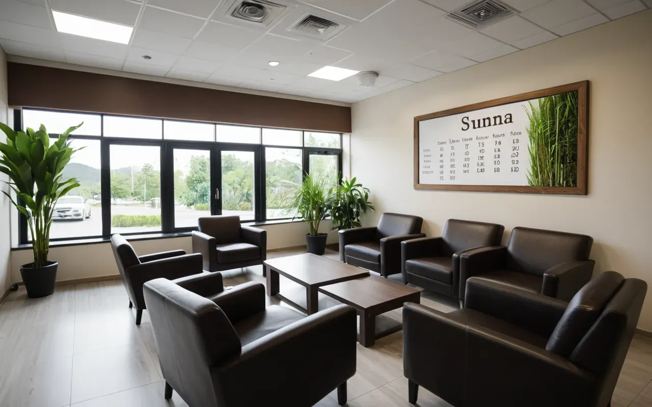 hasta deneyimi başakşehir klinik Wide angle shot of a modern dental clinic waiting area with comfortable leather chairs, large windows letting in natural daylight, potted green plants adding a touch of nature, clean and inviting atmosphere