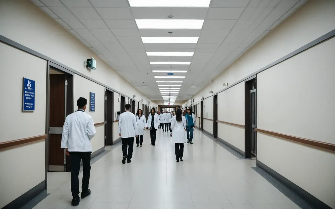 üniversite hastanesi Wide angle shot of a modern university medical center interior with students in white coats walking through a bright corridor near advanced hospital equipment.